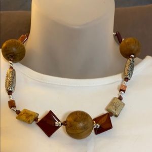 Artisan wood,goldstone,agate & bloodstone necklace